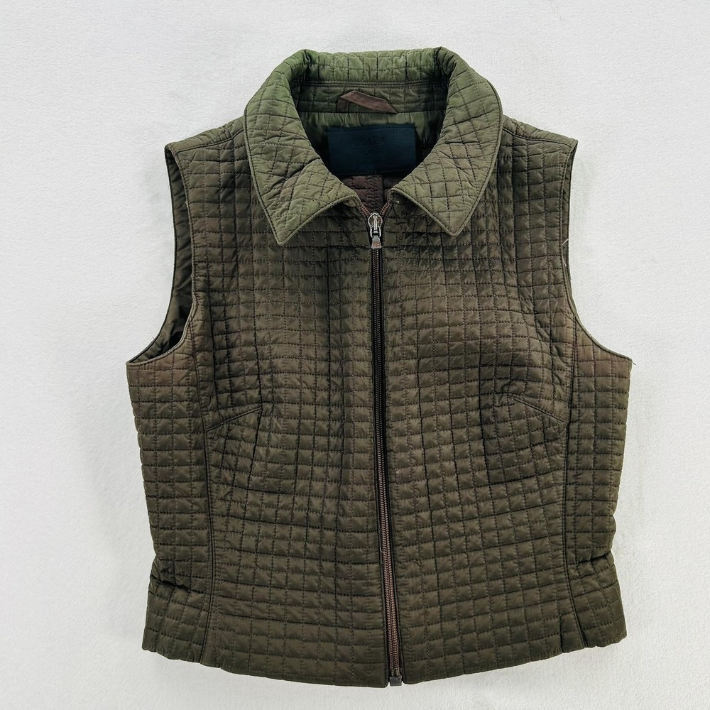 Prada Vest Womens 38 Green Nylon Quilted Padded Collared Short Full Zip Italy